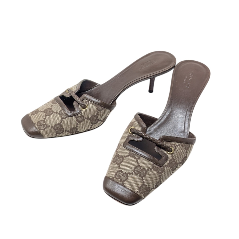 Gucci GG Monogram Vintage Square Toe Rope Detail Kitten Heel Mule Size 7.5